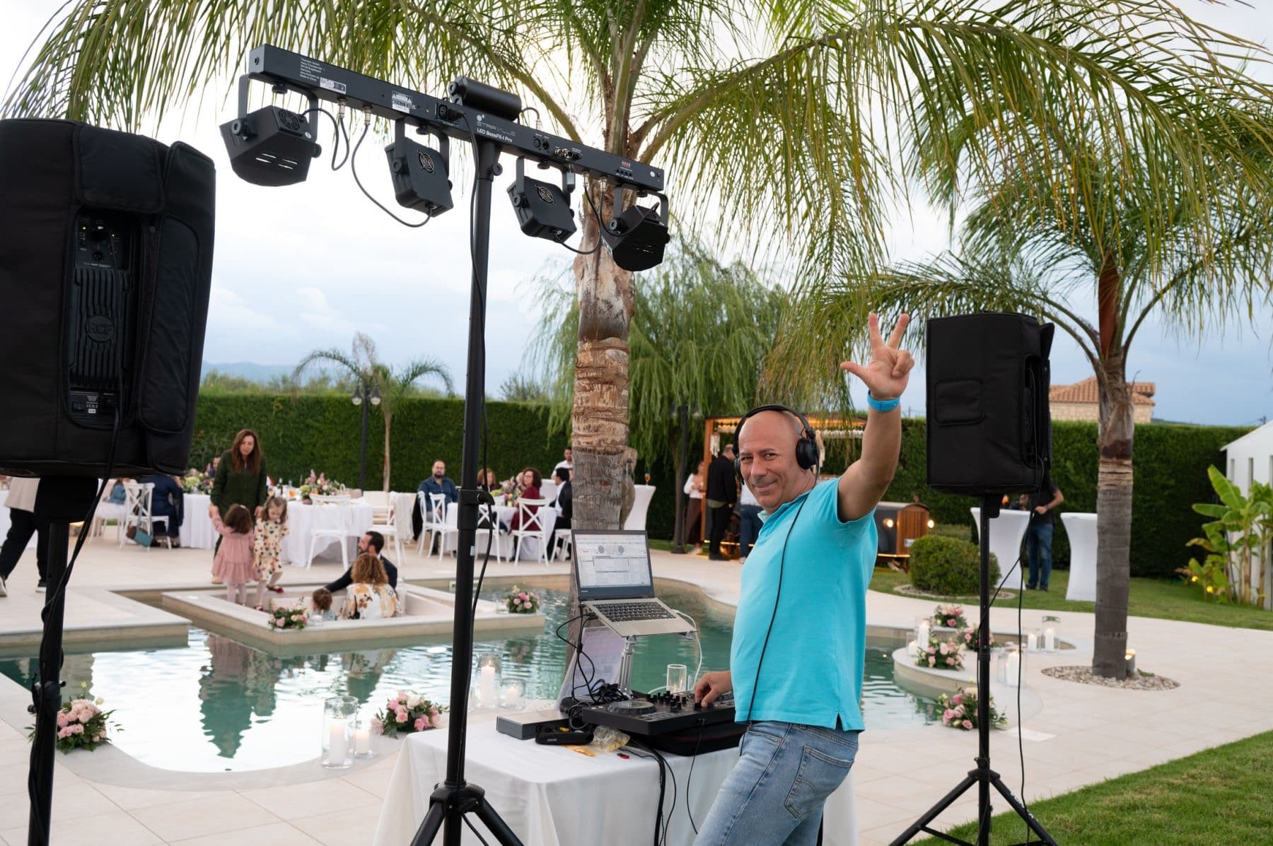 Professional DJ setup at pool wedding venue in Zakynthos